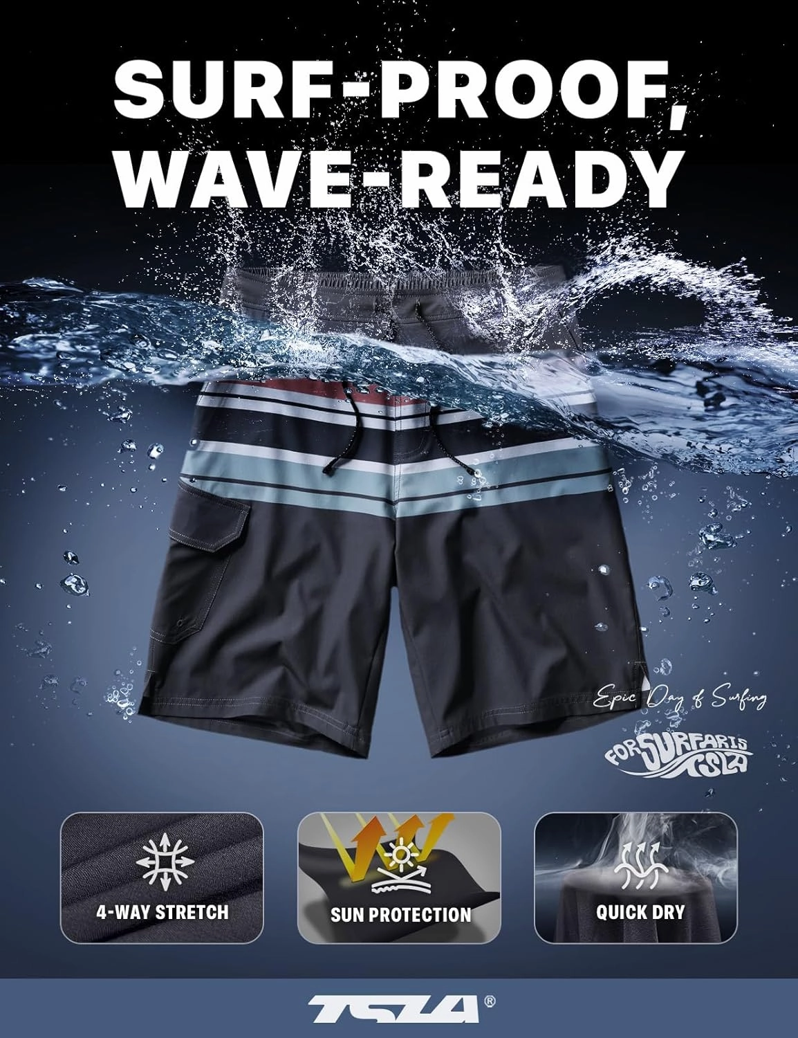 TSLA Men's Swim Trunks, Quick Dry Swimming Beach Board Shorts, Lightweight Swimwear Bathing Suits with Pockets