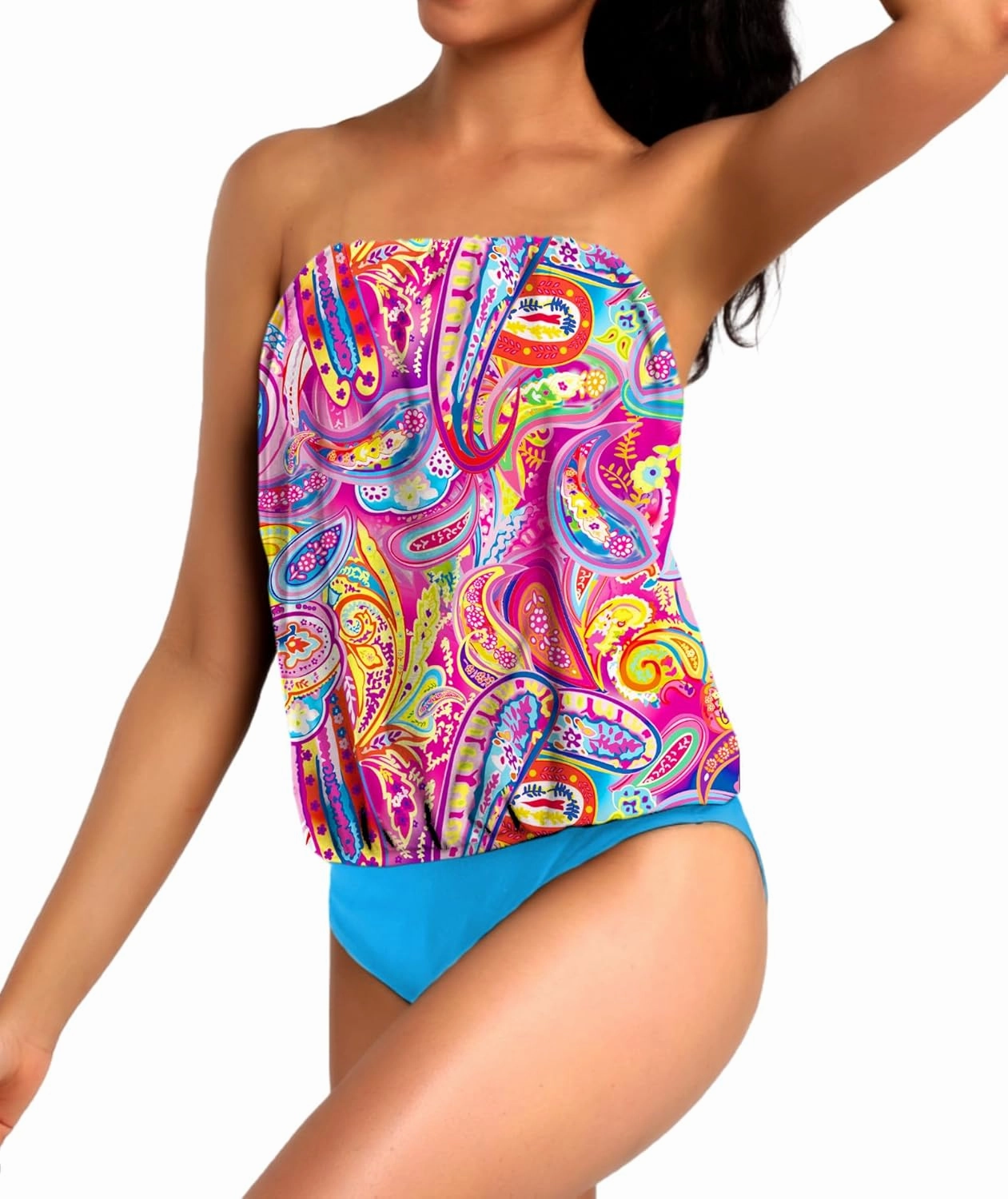 Two Piece Bandeau Tankini Swimsuits for Women Loose Blouson Swim Top with Bikini Bottom Tummy Control Bathing Suits