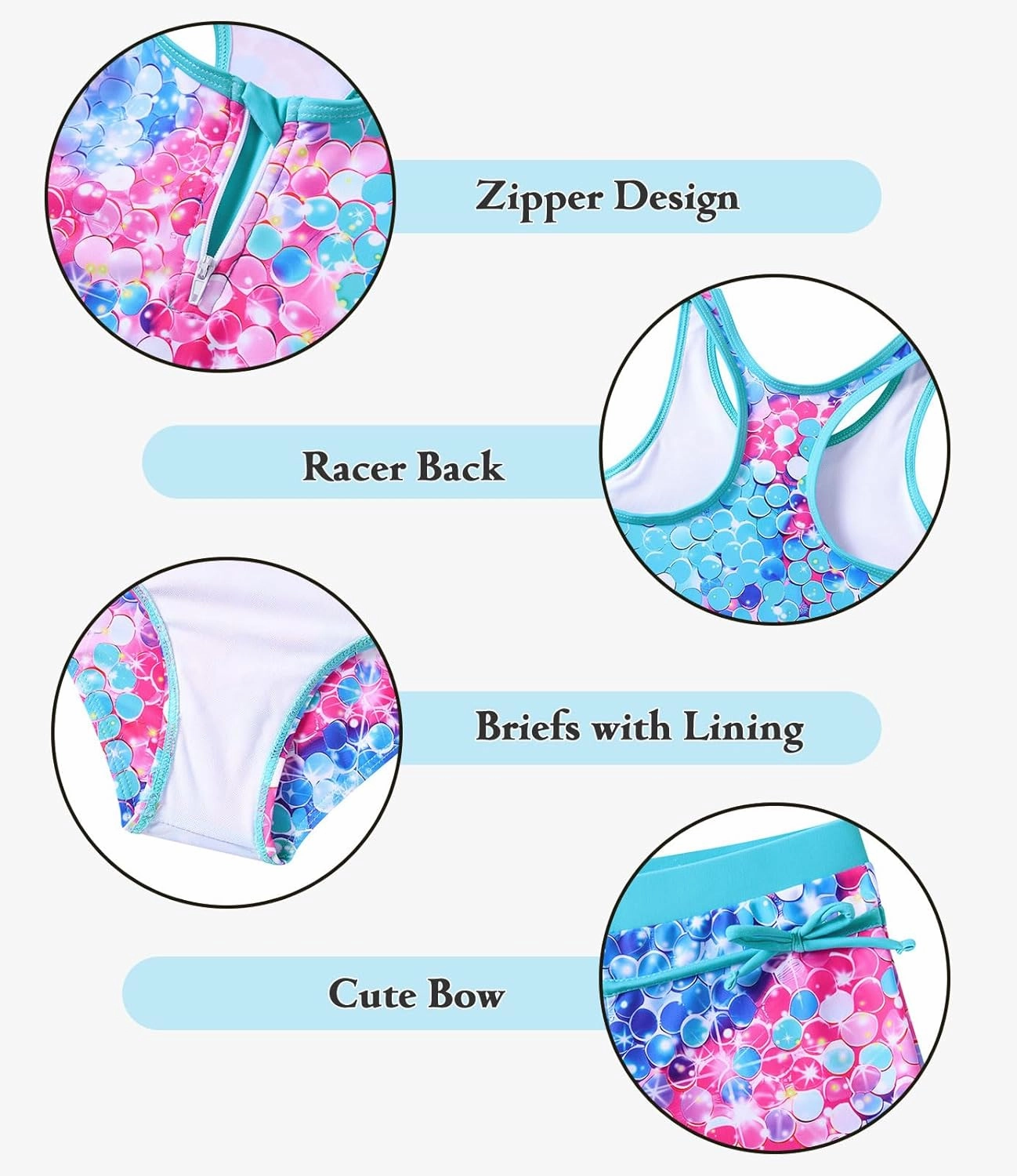 UNICOMIDEA Girls Swimsuits 3 Pieces Tankini Bathing Suit Kids Beach Zipper Bikini Swimwear with Shorts for 7-12 Years