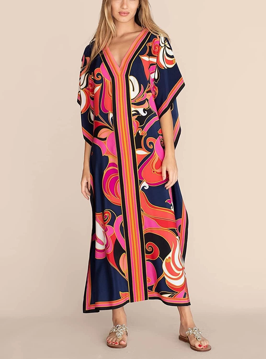 Venasha Womens Caftan Floral Print Kaftan Dress Short Sleeve Swimsuit Cover up Loungewear for Summer
