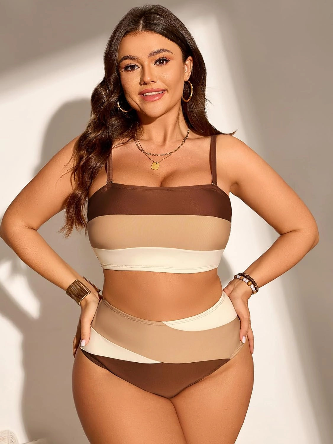 Verdusa Women's 2 Piece Plus Size High Waisted Bikini Sets Patchwork Full Coverage Bahting Suits