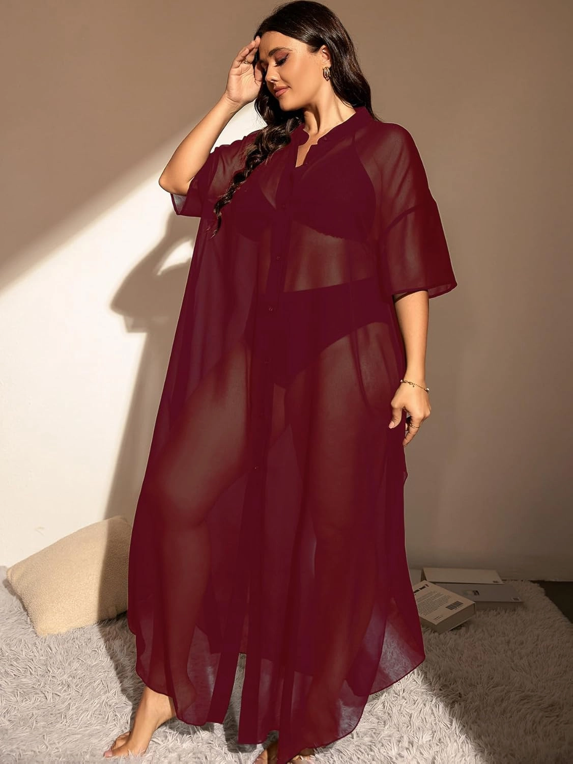 Verdusa Women's Plus Size Sheer Mesh Half Sleeve Loose Swimsuit Maxi Dress Cover Up