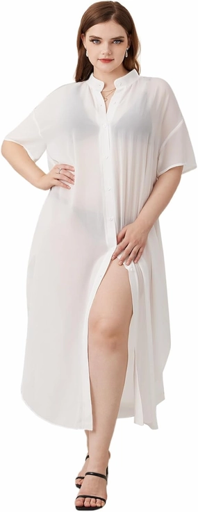 Verdusa Women's Plus Size Sheer Mesh Half Sleeve Loose Swimsuit Maxi Dress Cover Up