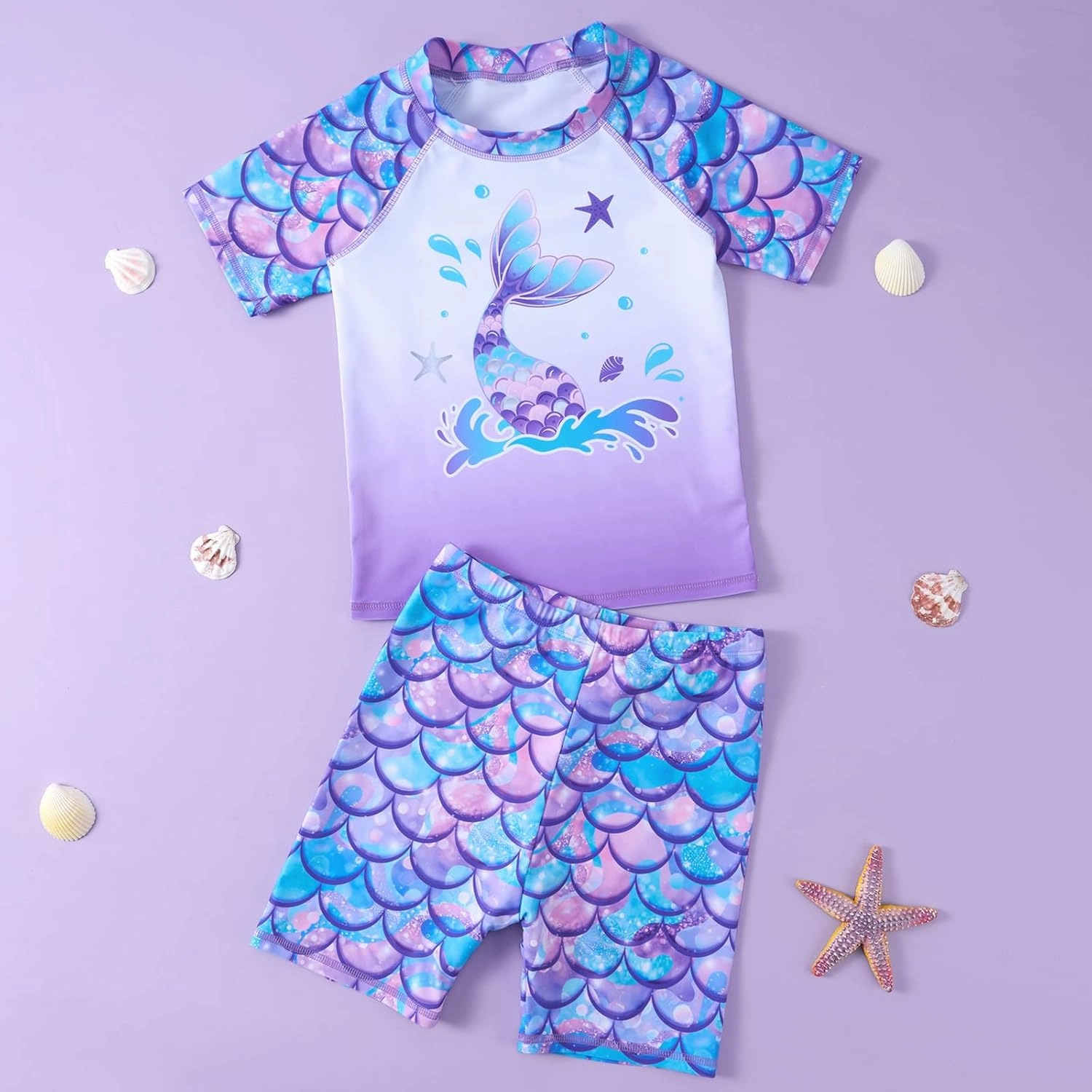WAWSAM 2 Pieces Girls Rash Guard Toddler Swimsuit Girl Swimsuit Short Sleeve Bathing Suit for 3-6 Years