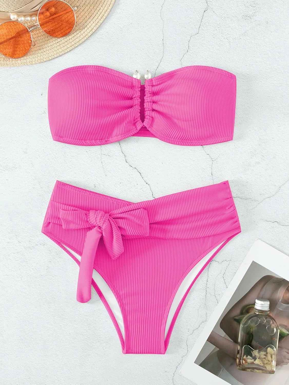 WDIRARA Women's 2 Piece Bikini Set Rib Knit Strapless Knot Front High Waist Swimsuit Set