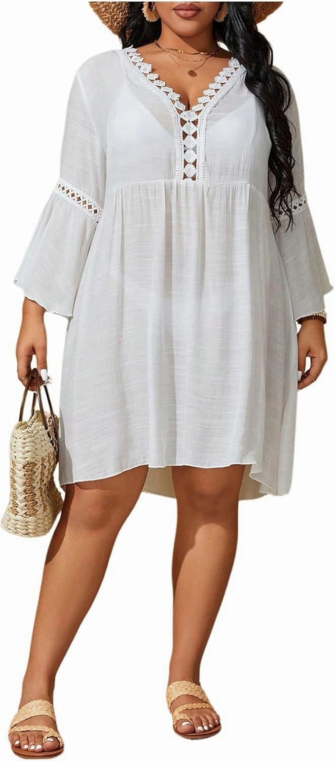 WDIRARA Women's Plus Size Boho Half Sleeve Cover Up V Neck Swimsuit Bikini Beach Dress