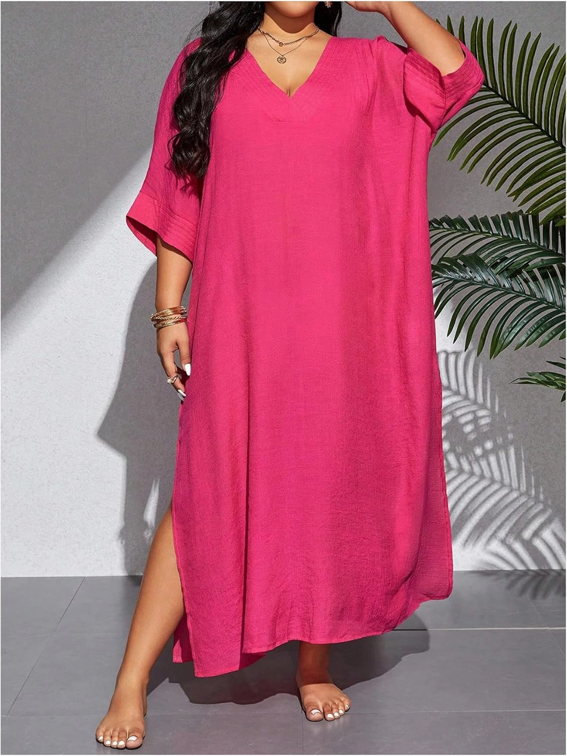 WDIRARA Women's Plus Size Swimwear V Neck Half Sleeve Split Side Cover Up Beach Dress