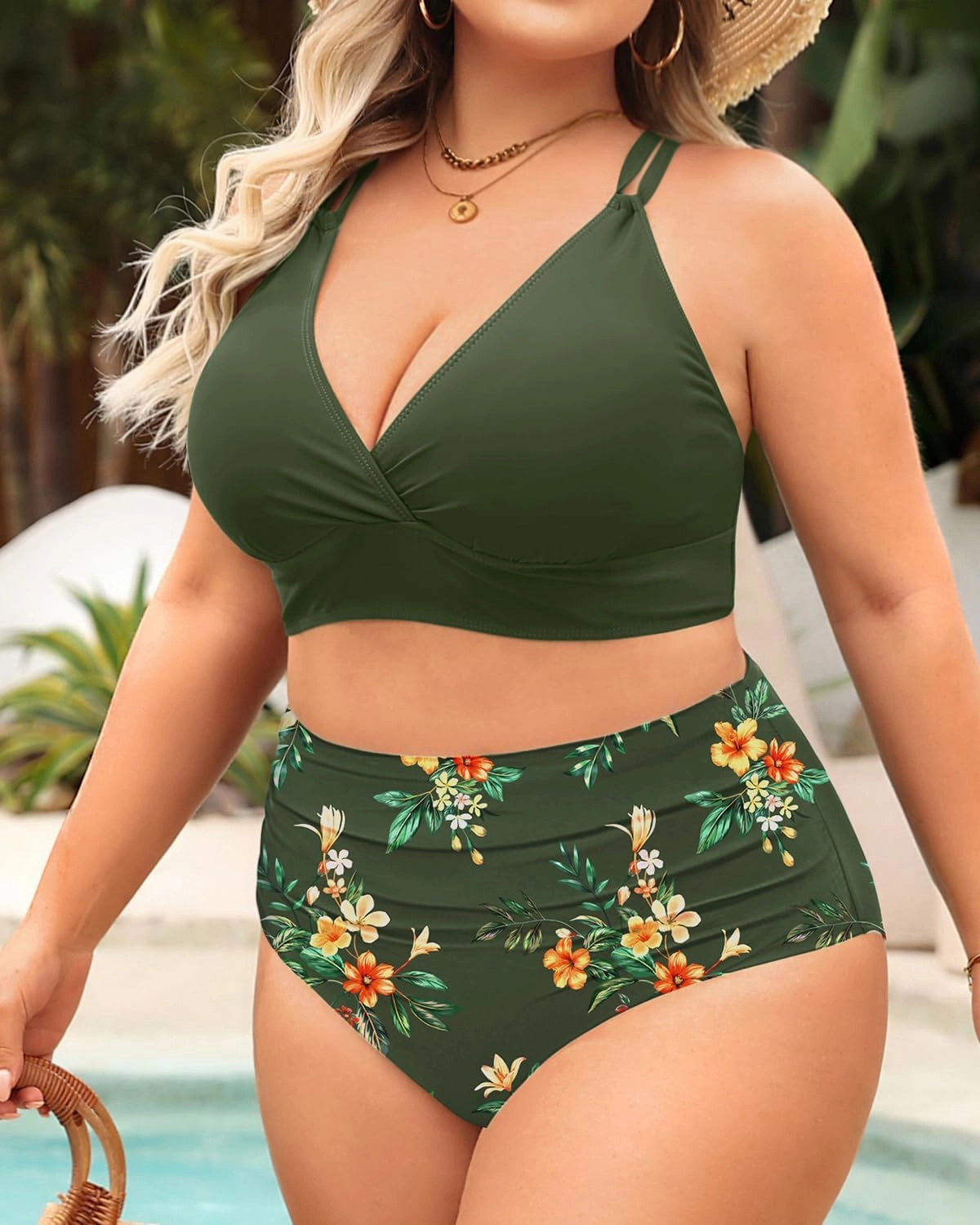 Women Plus Size Two Piece Swimsuit - High Waisted Bikini with Double Straps Tummy Control Bathing Suit 2025 Swimwear