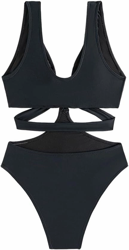 Women's Deep V Neck One Piece Swimsuit O-Ring Swimwear Sexy Cut Out Bathing Suit