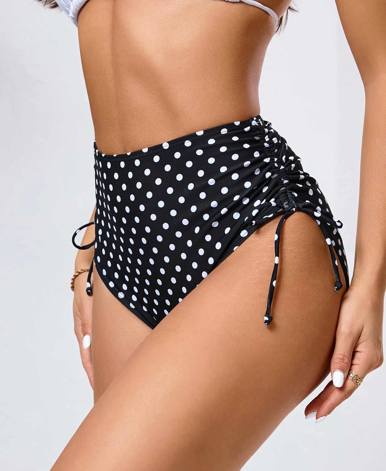 Women's High Waisted Full Coverage Cheeky Bikini Bottoms Tummy Control Adjustable Dtawstring Swim Bottoms