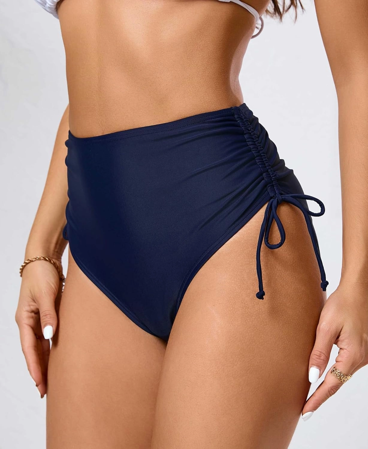 Women's High Waisted Full Coverage Cheeky Bikini Bottoms Tummy Control Adjustable Dtawstring Swim Bottoms