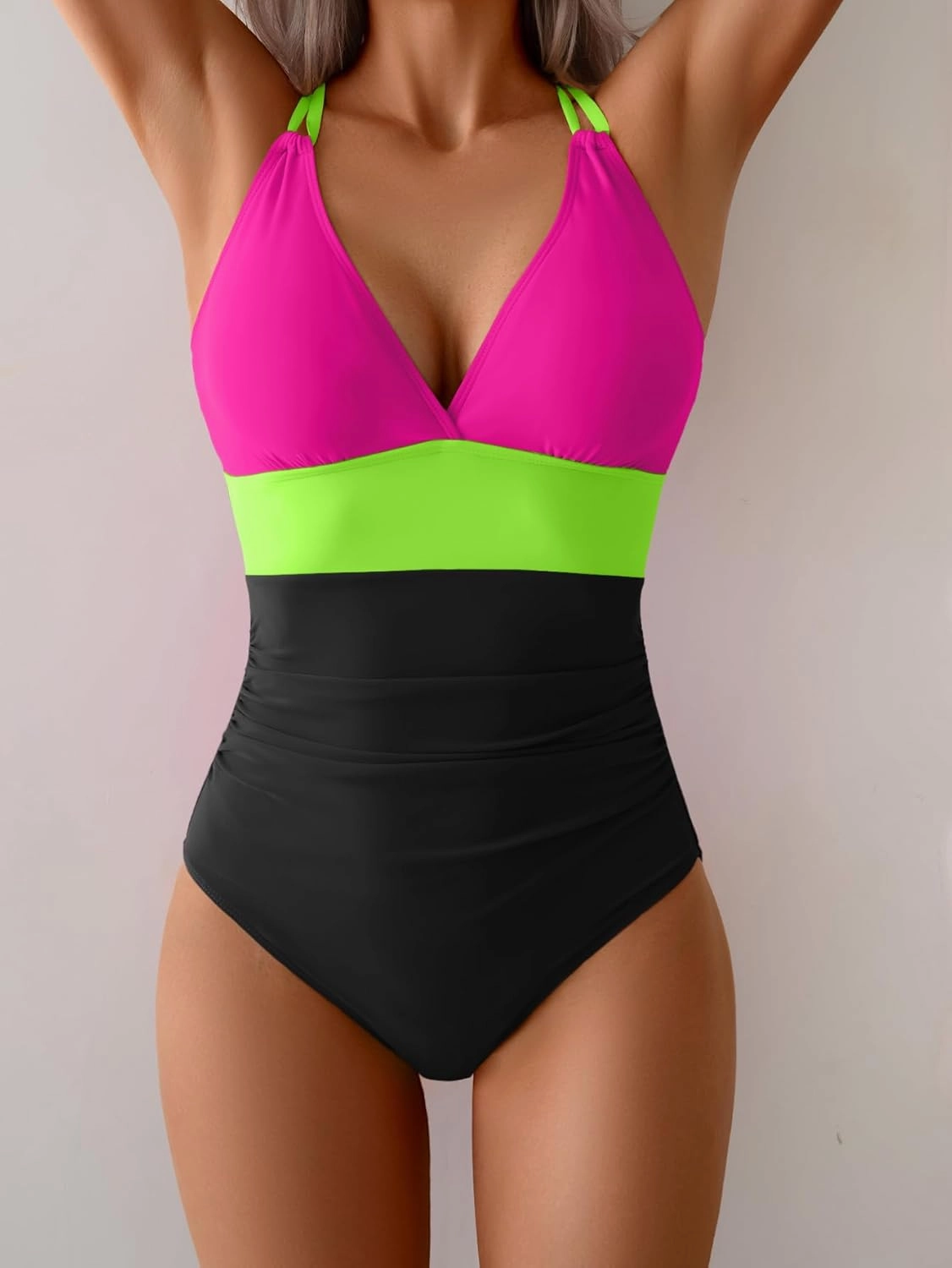 Women's One Piece Color Block Swimsuit Tummy Control Slimming Bathing Suit V Neck Cutout High Waisted Swimwear