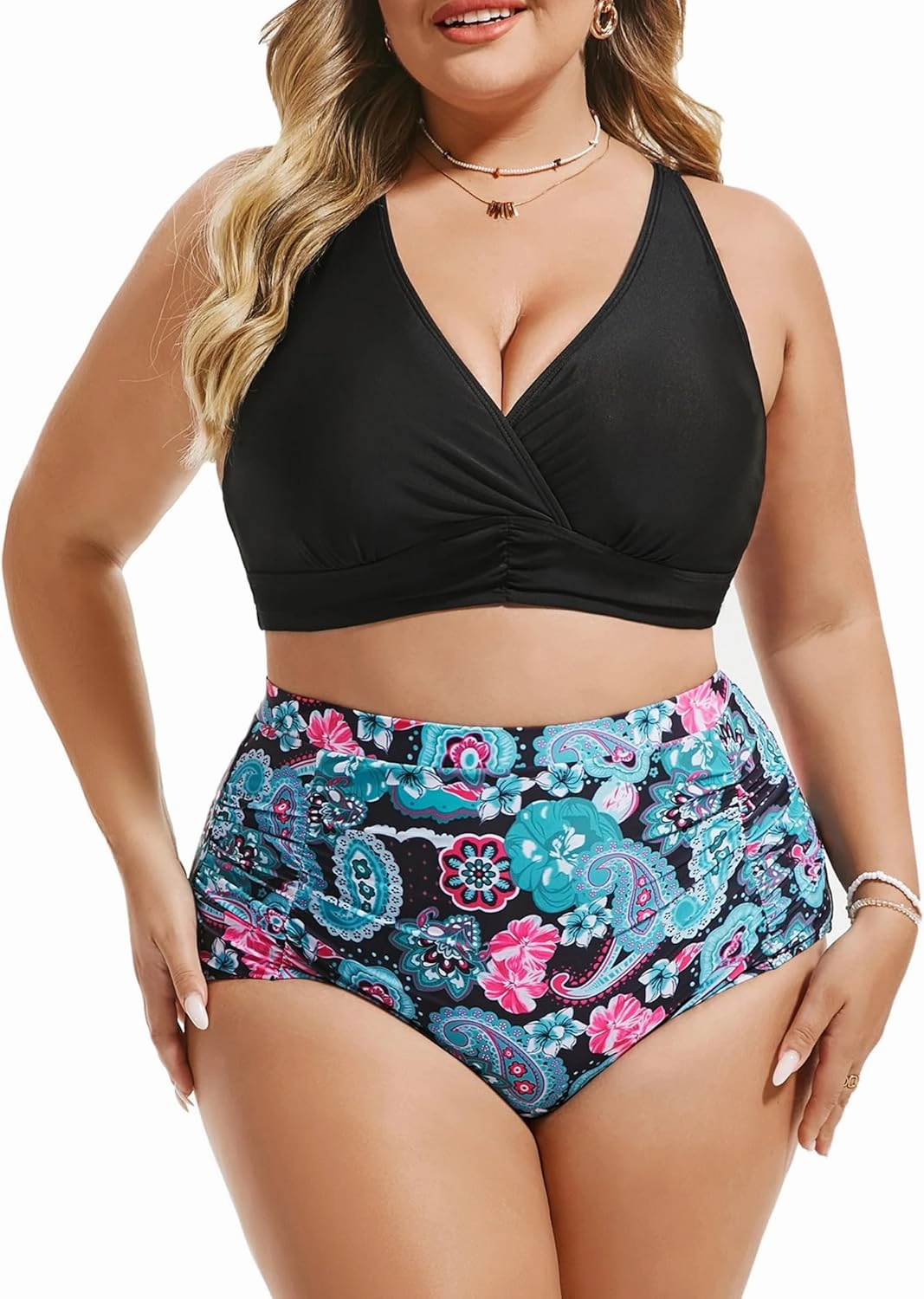 Women's Plus Size Halter V Neck Bikini Swimsuits High Waisted Ruched Tummy Control Swimwear