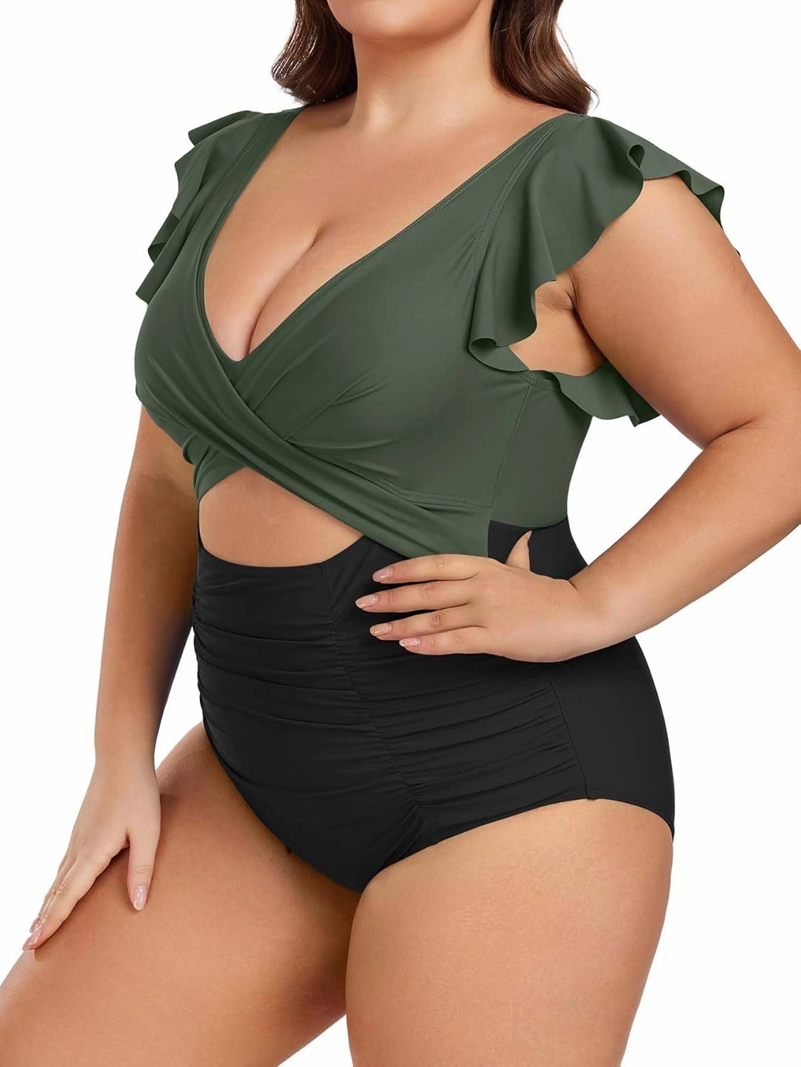 Women's Plus Size One Piece Swimsuit Tummy Control V Neck Bathing Suit Cutout Ruffle Swimwear