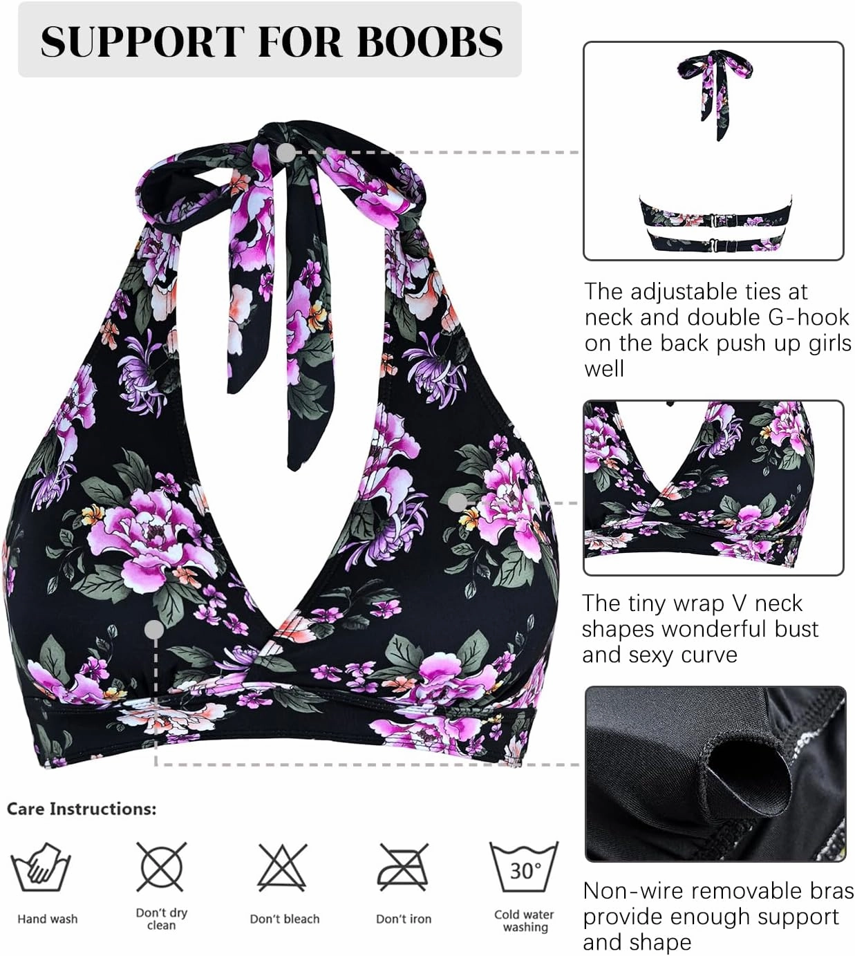 Women's Supportive Halter Bikini Padded Push Up Ruched Bust Hook Back Swimsuit Bathing Suit Tops Only