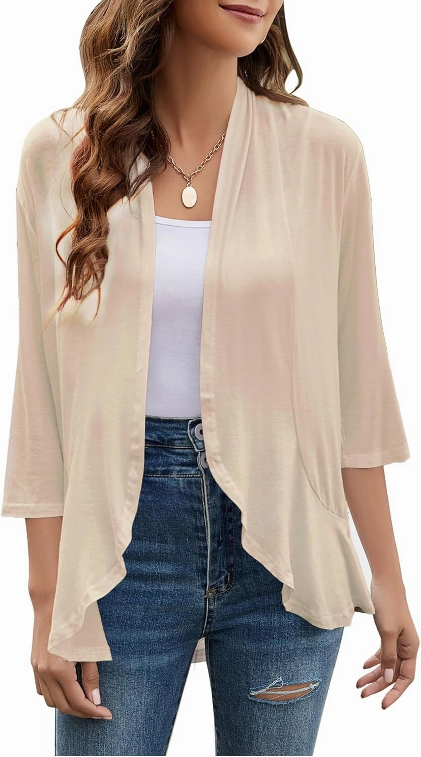 Yekaty Women Cardigan 3/4 Sleeves Open Front Lightweight Cardigan Draped Ruffles Knit Cardigan