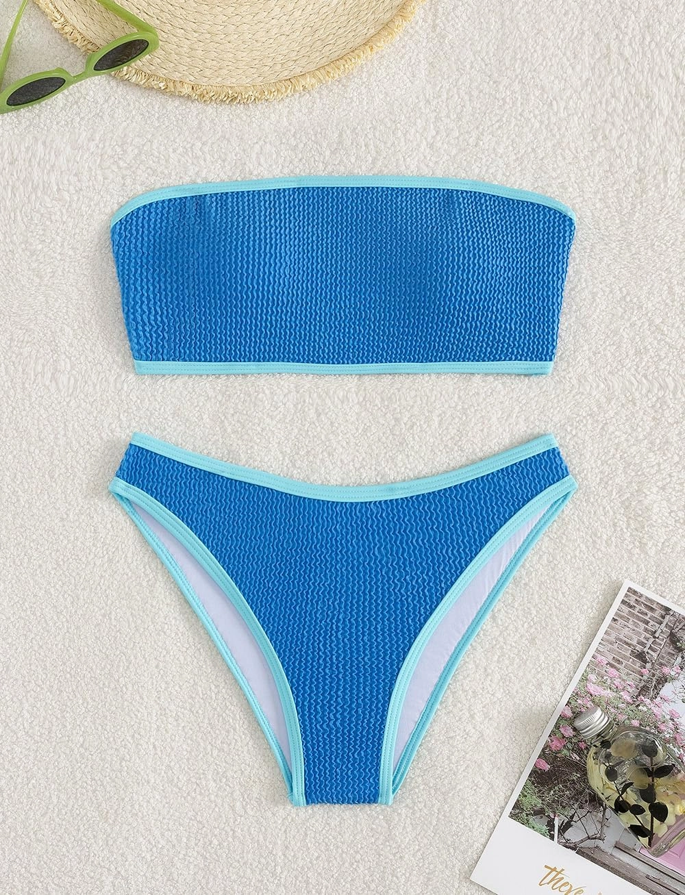 YIMISAN Women's Two Piece Bandeau Swimsuit Ribbed Strapless Tube Bikini Top with Mid Waist Cheeky Bottom Bathing Suit