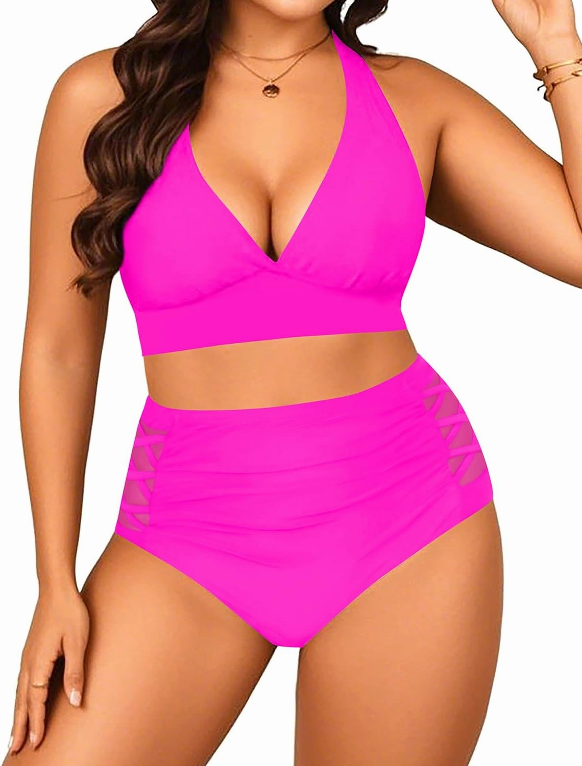 Yonique Womens Two Piece Plus Size Halter Bikini Swimsuits Tummy Control Bathing Suits High Waisted Swimwear