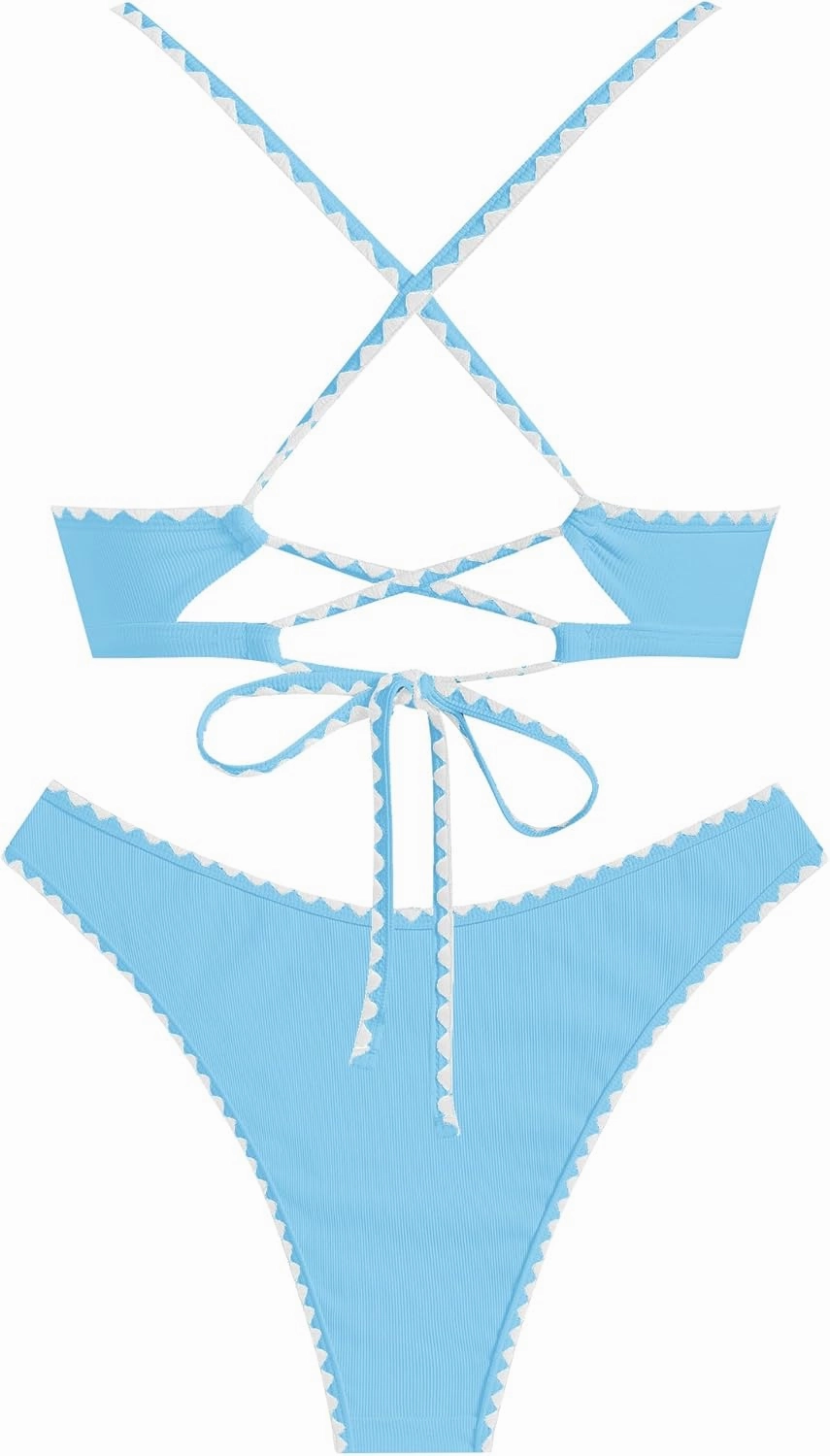 ZAFUL Women's Bikini Set Criss Cross Back Two Piece Swimsuits Scoop Neck Splicing Lace Up Textured Bathing Suits