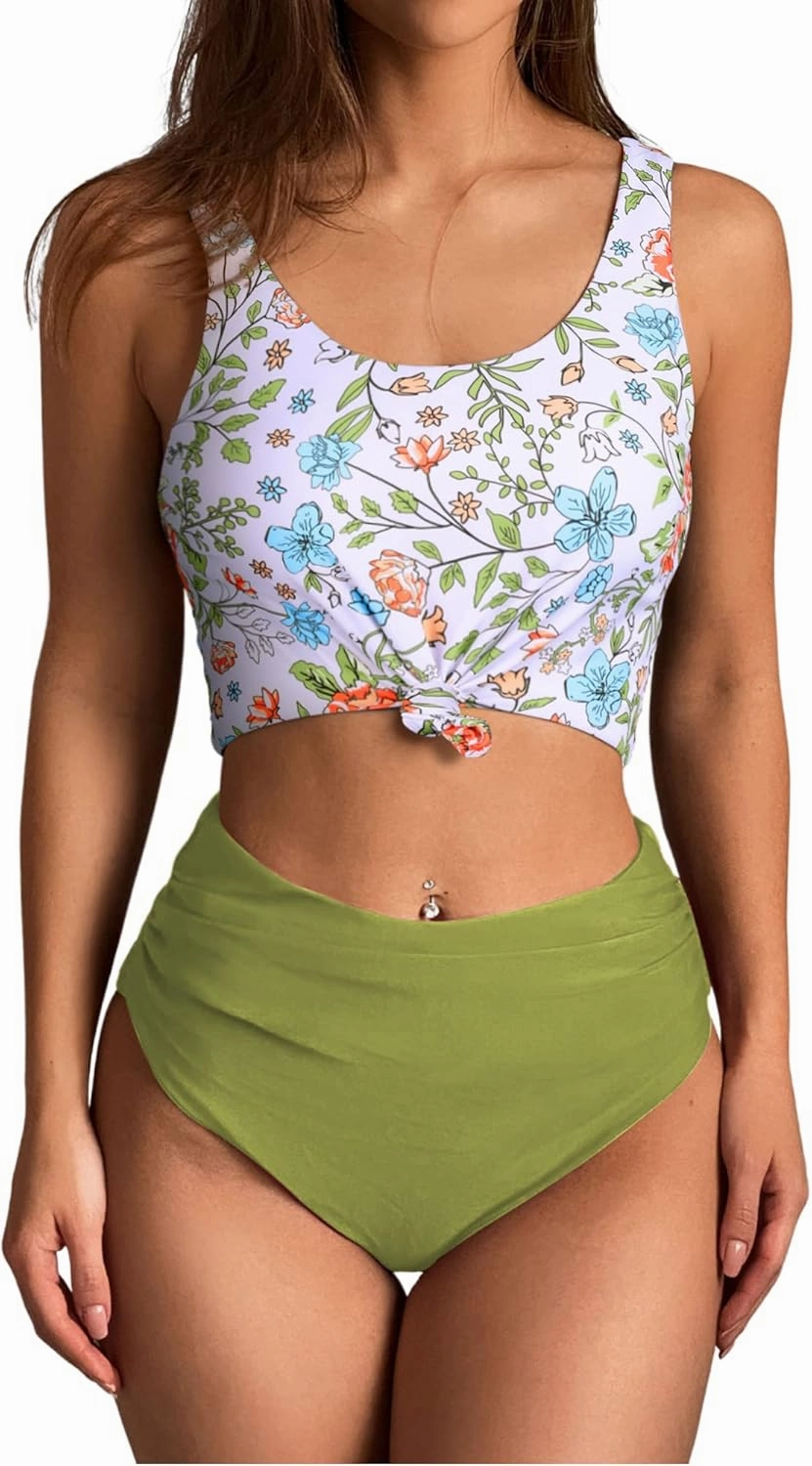 ZAFUL Women's High Waisted Tankini Swimsuit Scoop Neck Ruched Bikini Set Tummy Control 2 Piece Bathing Suit