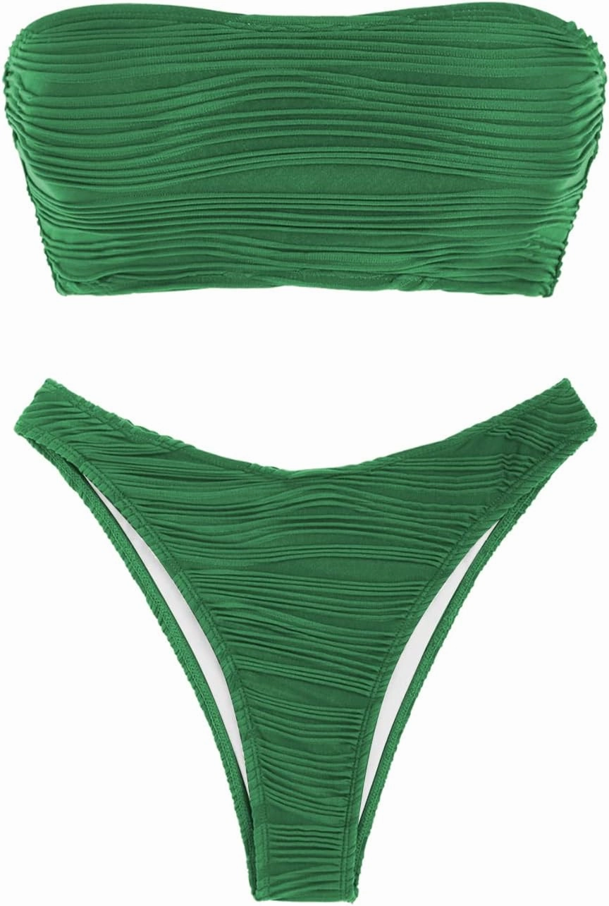 ZAFUL Women Strapless Textured Bandeau Bikini 2 Piece Swimwear Cheeky Solid Lace up Bathing Suits