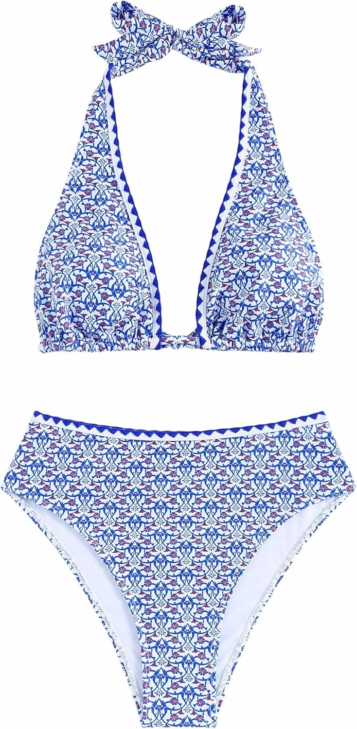 ZAFUL Womens High Waisted Bikini Sets Halter Floral Shell Stitch 2 Piece Swimsuits V Neck Tummy Control Bathing Suits