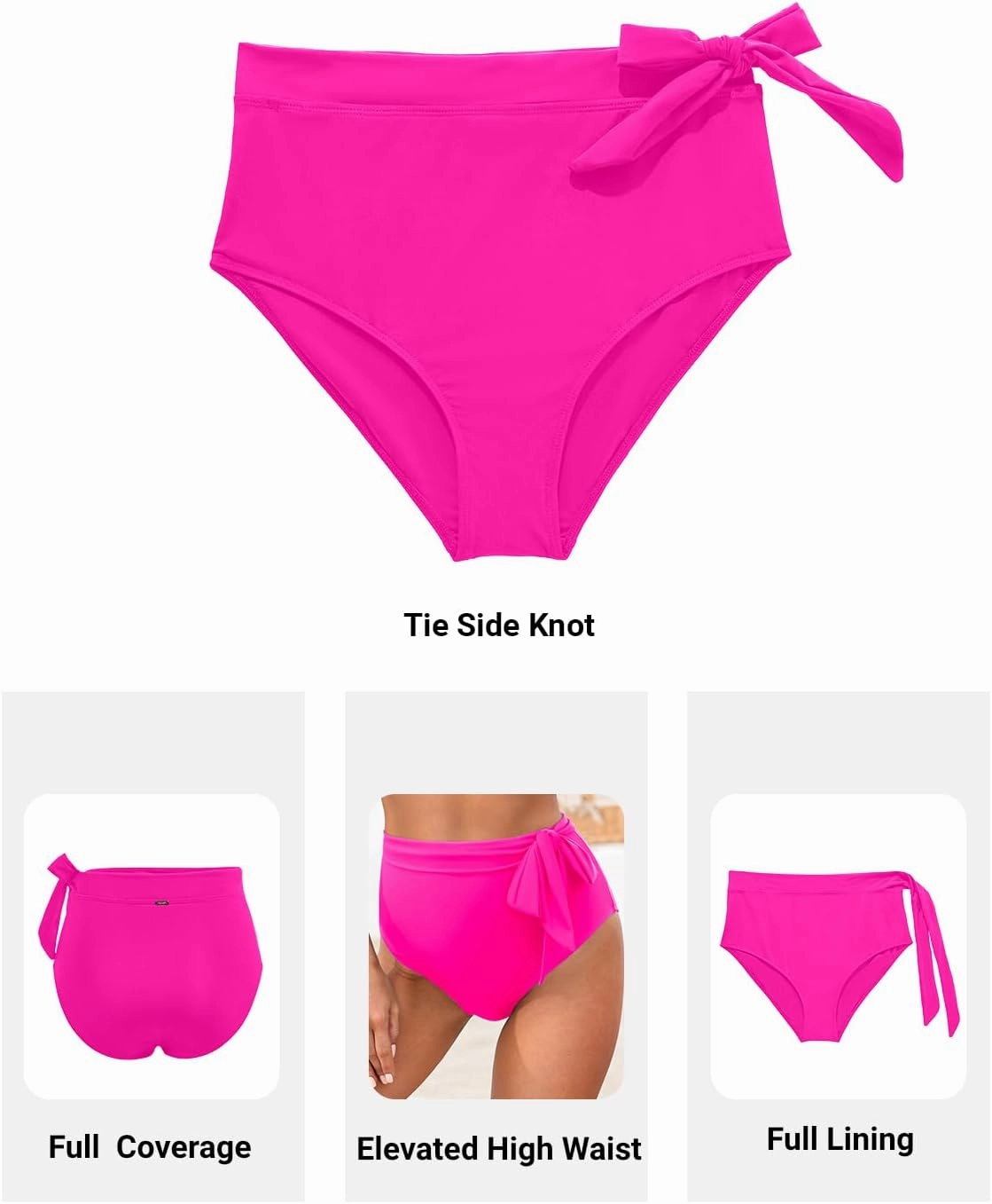 Zmart High Waisted Bikini Bottoms - Women's Full Coverage Bathing Suit Tummy Control Swimsuit with Tie Side Knot Bottom