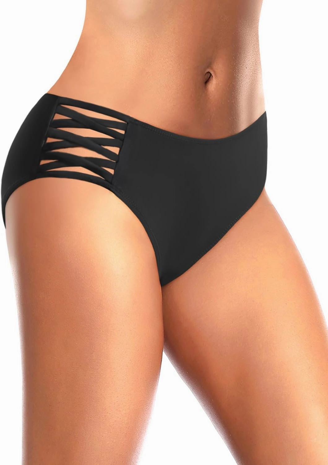 Zmart Strappy Bikini Bottoms - Women's Full Coverage Bathing Suit Mid Waist Swimsuit Bottom