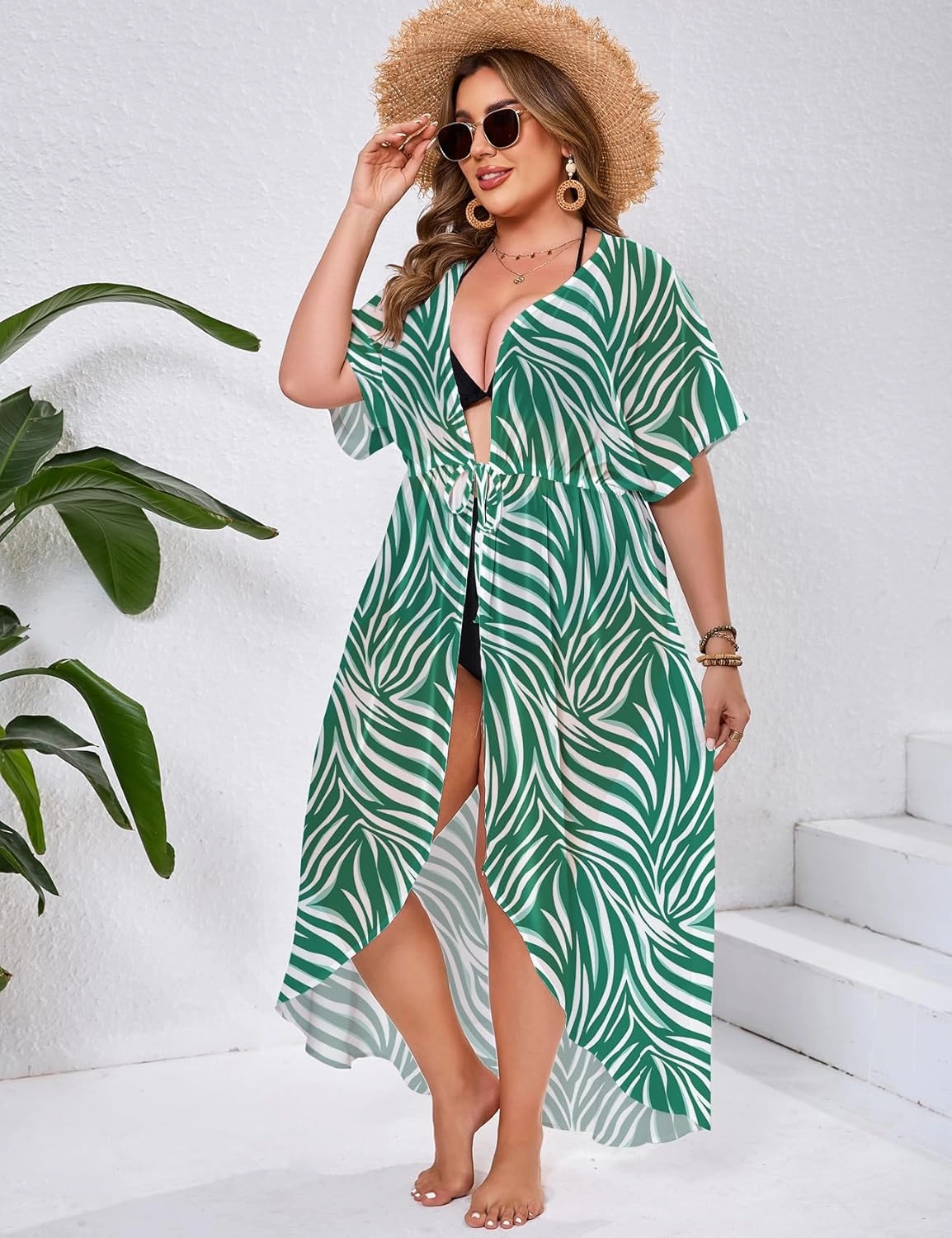ZOMVA 2025 Plus Size 1X-5X Womens Swimsuit Maxi Cover Up Bathing Suit Bikini Long Coverups Tie Open Front Swimwear Beach Wear