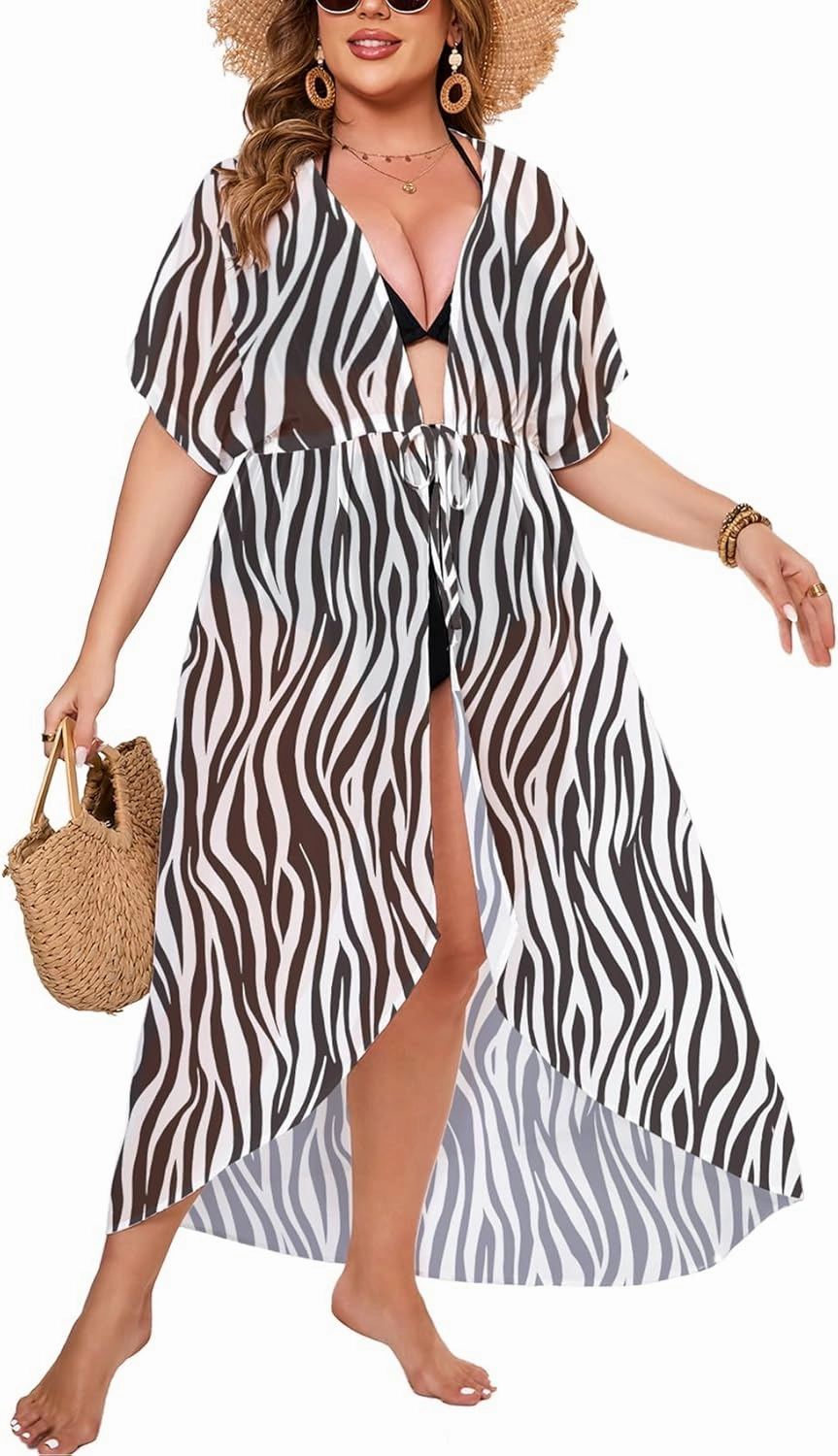 ZOMVA 2025 Plus Size 1X-5X Womens Swimsuit Maxi Cover Up Bathing Suit Bikini Long Coverups Tie Open Front Swimwear Beach Wear